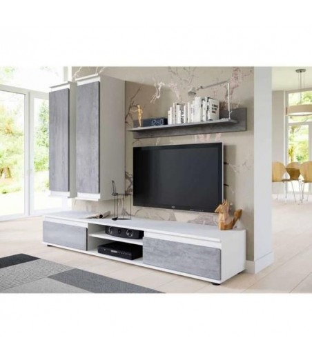 Meuble TV suspendu design - Blanc et béton