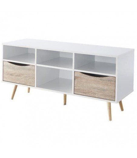 MOB Meuble TV scandinave blanc et décor chêne mat + pieds en bois massif - L 90 cm